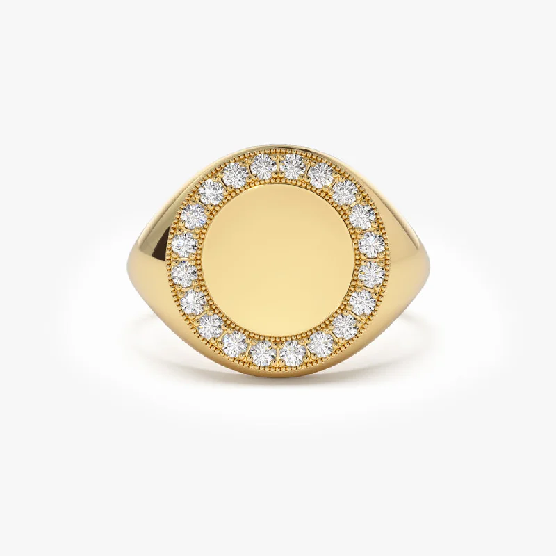 14K Gold Diamond Round Signet Ring