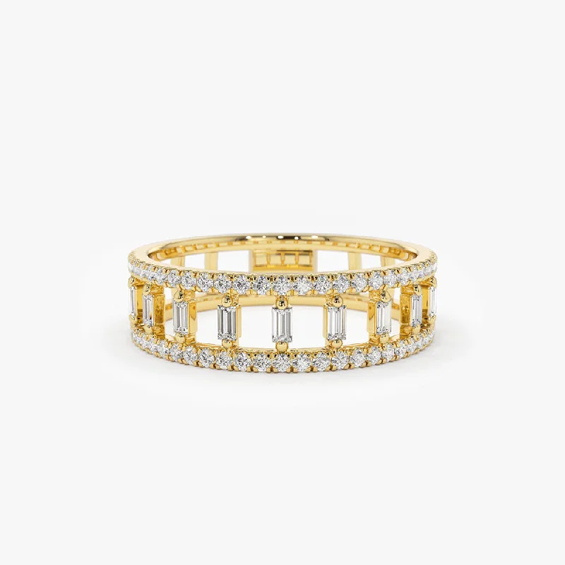 14k Double Row Micro Pave Diamond Ring with Baguette Diamond