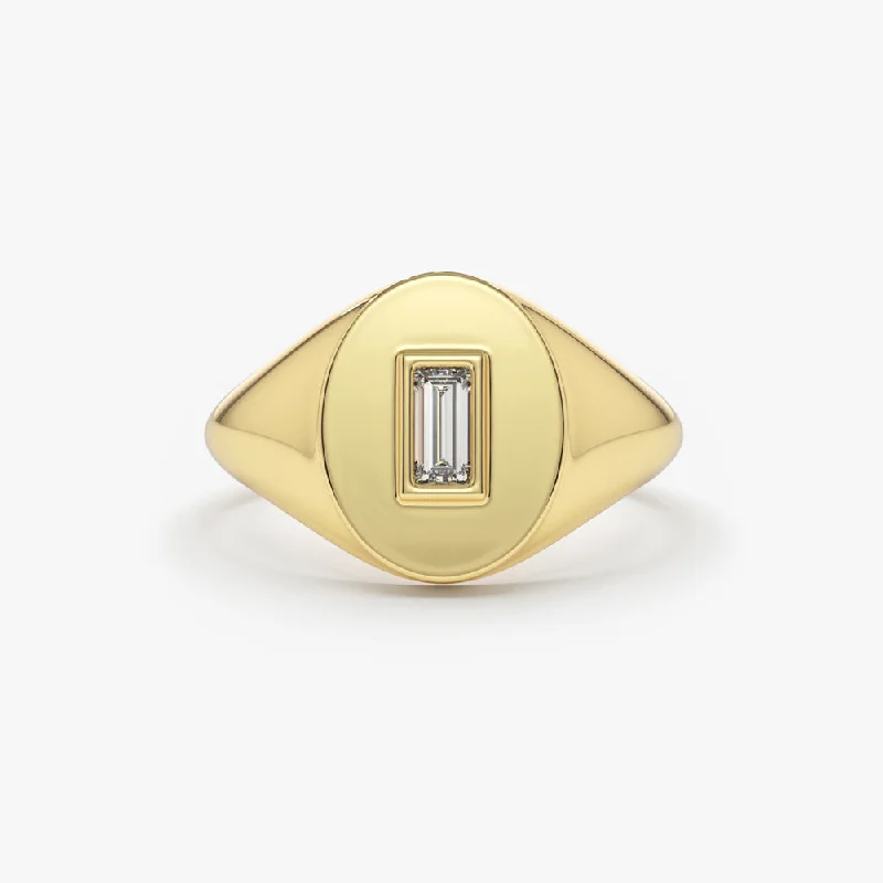 14K Gold Baguette Diamond Signet Ring