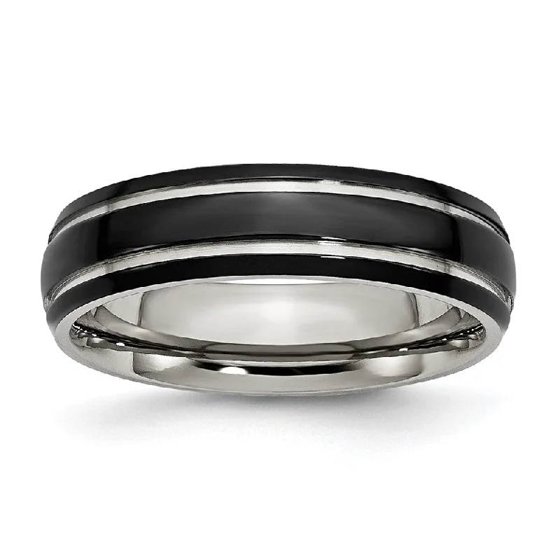 6mm Black Plated Stainless Steel Domed Grooved Comfort Fit Band