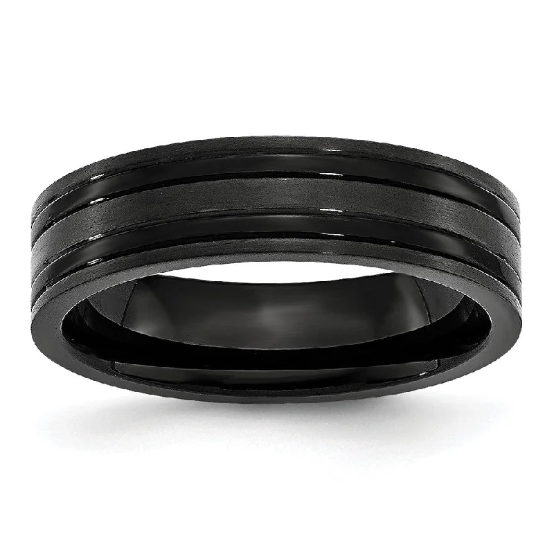 6mm Black Plated Titanium Brushed & Polished Grooved Comfort Fit Band