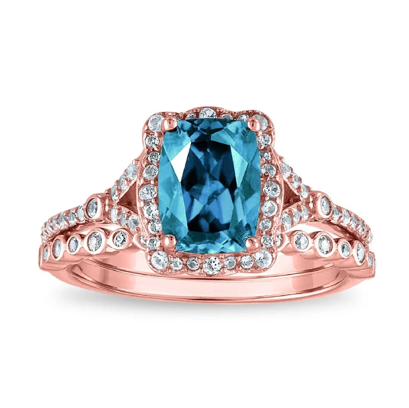 8X6MM Cushion Blue Topaz and Diamond Bridal Set Ring in 10KT Rose Gold