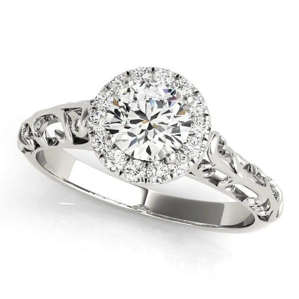 Diamond Halo and Engraved Shank Engagement Ring