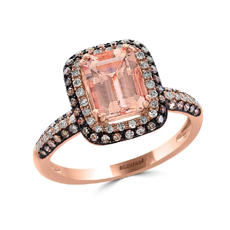 EFFY 8X6MM Emerald Shape Morganite and Diamond Gem Stone Halo Engagement Ring in 14KT Rose Gold