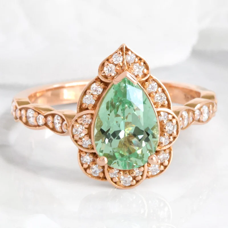 Large Pear Cut Green Sapphire Ring in Vintage Floral Diamond Band