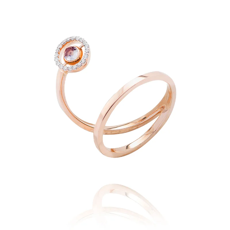 Swiveling Spiral 18K Rosegold Ring w. Diamonds, Topaz & Amethyst