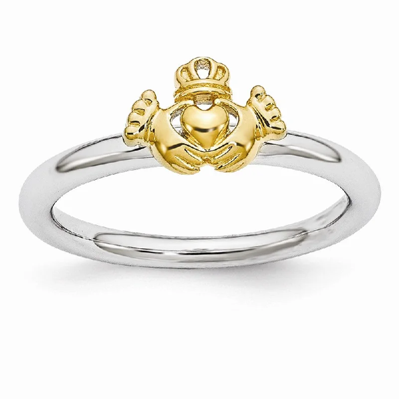 Rhodium & Gold Tone Plated Sterling Silver Stackable Claddagh Ring