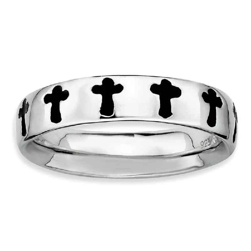 Rhodium Plated Sterling Silver, Black Enameled Stackable Cross Band