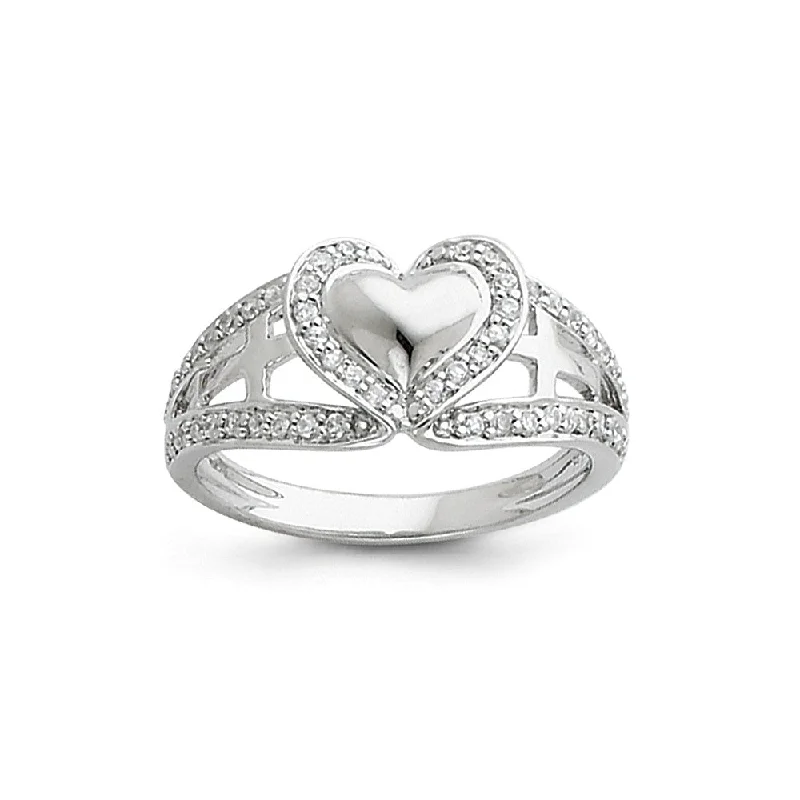 Rhodium Plated Sterling Silver & CZ Pure Heart Tapered Ring