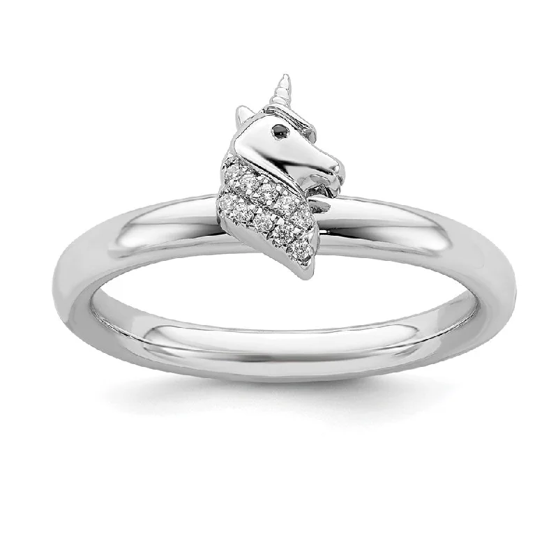 Rhodium Plated Sterling Silver & Diamond Stackable Unicorn Ring