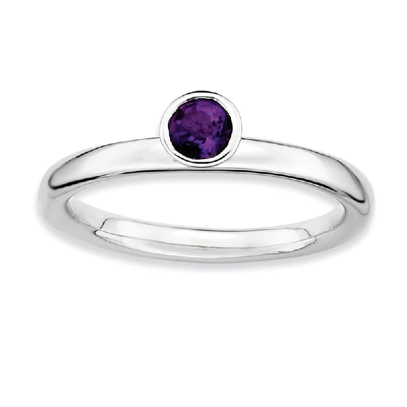 Rhodium Plated Sterling Silver High Profile 4mm Amethyst Stack Ring