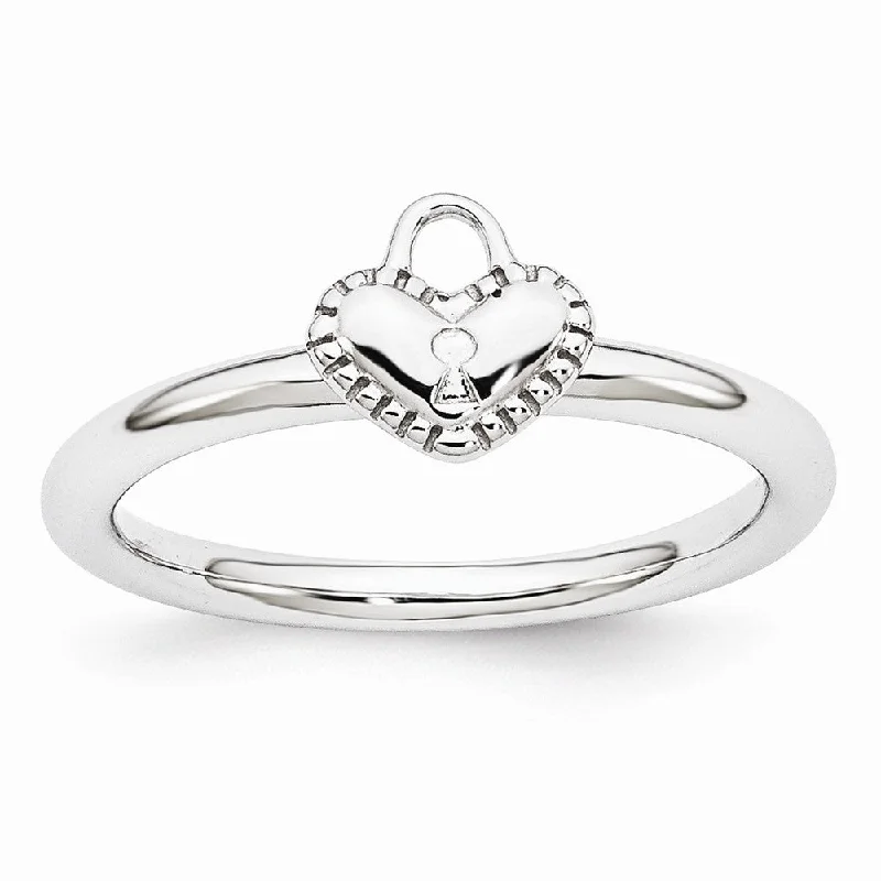 Rhodium Plated Sterling Silver Stackable 7mm Heart Padlock Ring