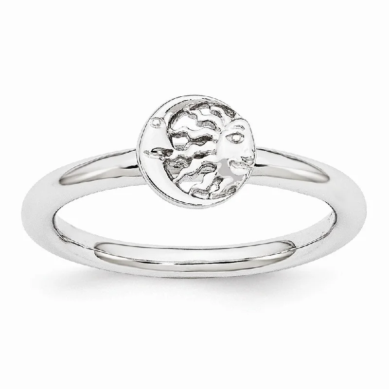 Rhodium Plated Sterling Silver Stackable 7mm Sun/Moon Ring