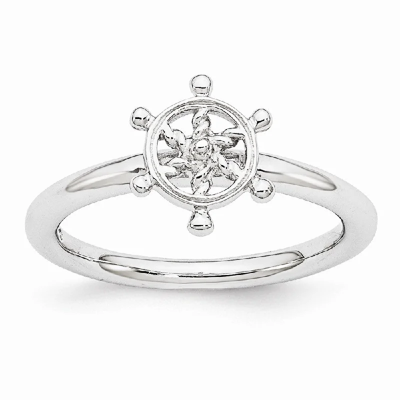 Rhodium Plated Sterling Silver Stackable 9mm Ship's Wheel Ring