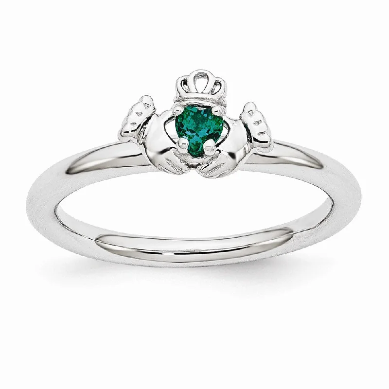 Rhodium Sterling Silver Stackable Created Emerald Claddagh Ring