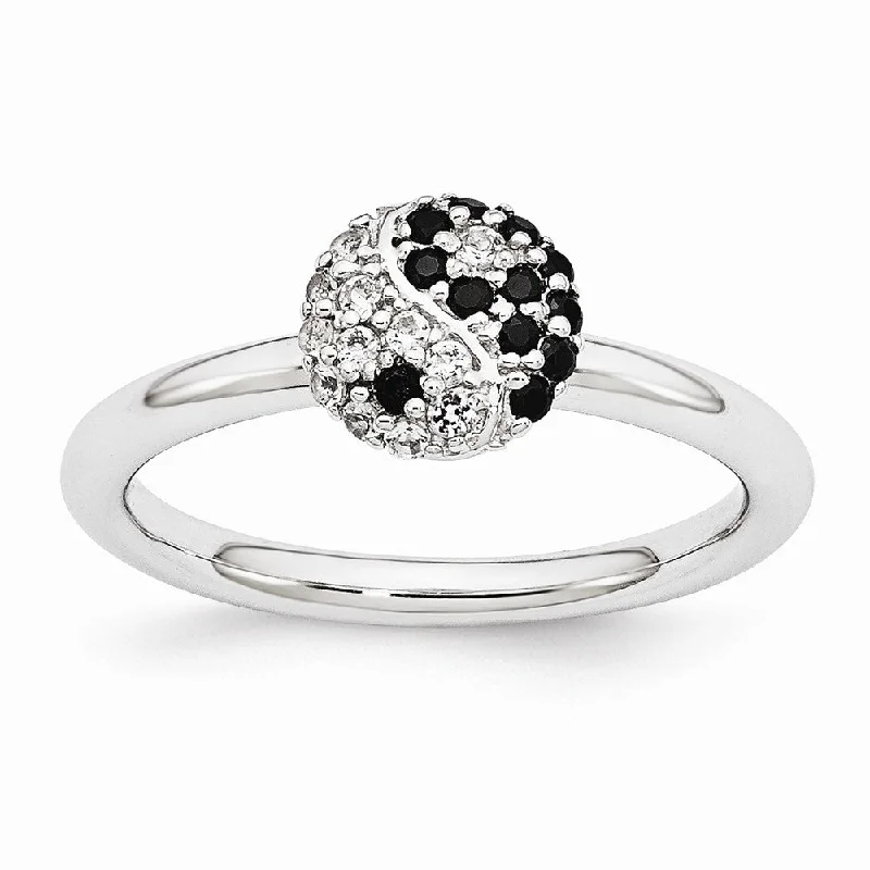 Rhodium Sterling Silver Stackable White Topaz & Onyx 8mm Yin Yang Ring