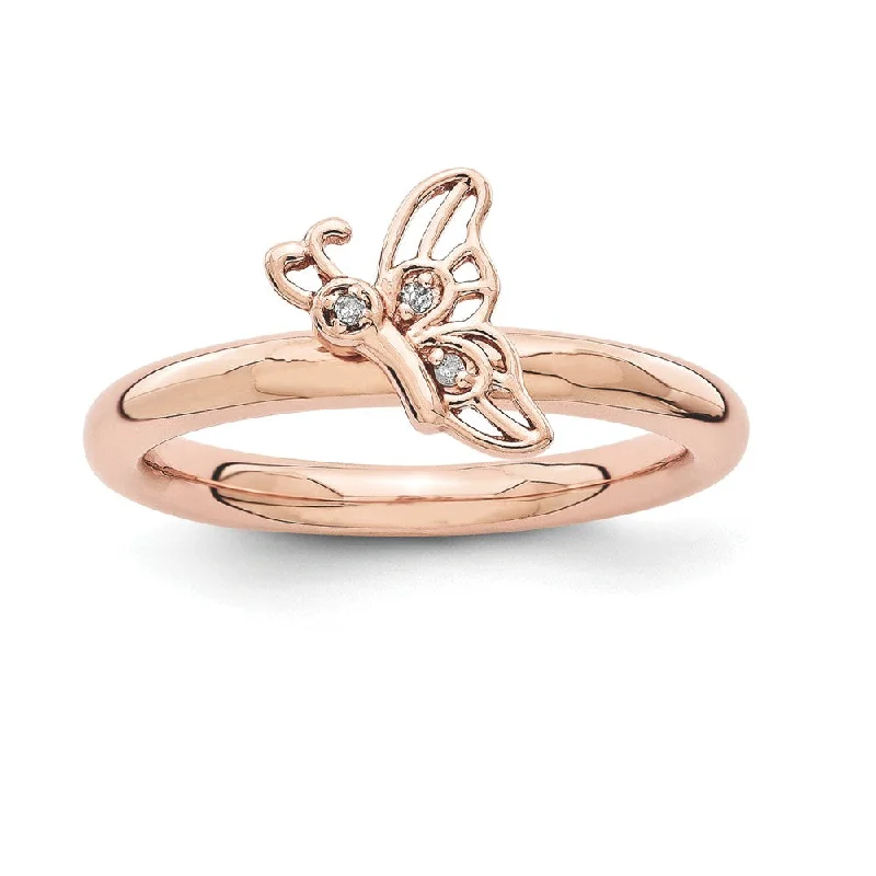 Rose Gold Tone Sterling Silver .015 Ctw Diamond Butterfly Stack Ring