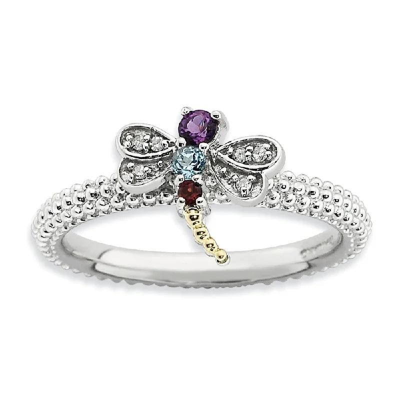 Sterling Silver, 14k Accent, Gemstone & Diamond Dragonfly Stack Ring