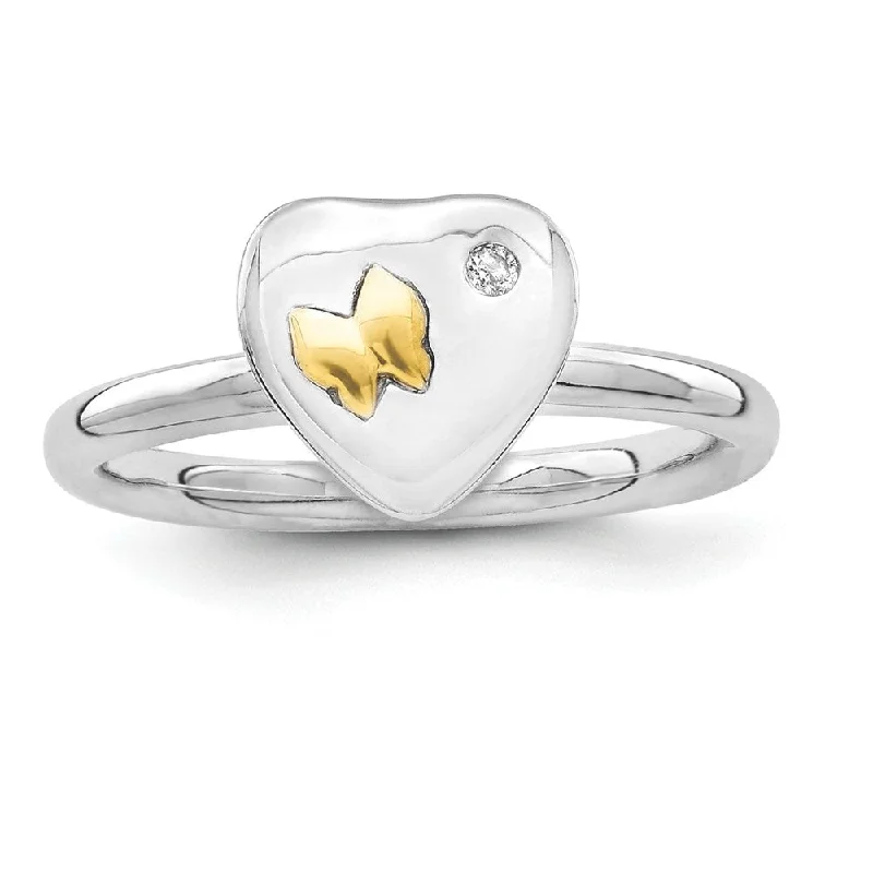 Sterling Silver & 14k Gold Butterfly .015 Ct Diamond Heart Stack Ring