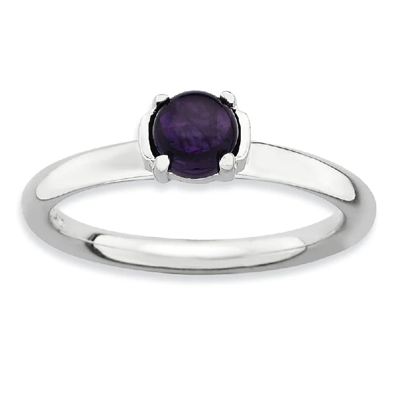 Sterling Silver & Amethyst 5mm Round Cabochon Solitaire Stackable Ring