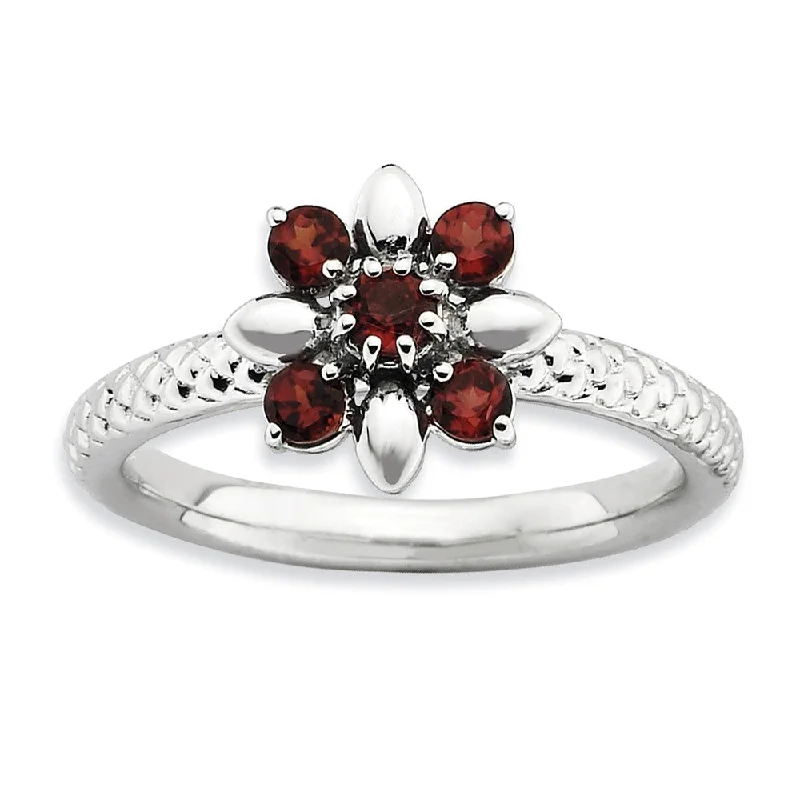 Sterling Silver & Garnet Stackable 5 Round Stone Flower Ring