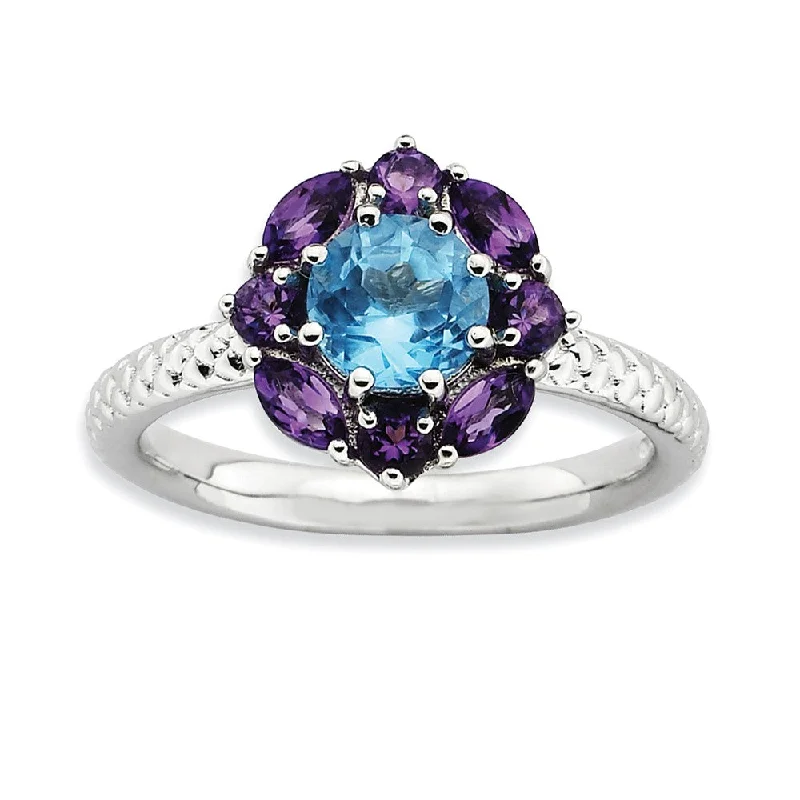 Sterling Silver Stackable Amethyst & Topaz Gemstone Flower Ring