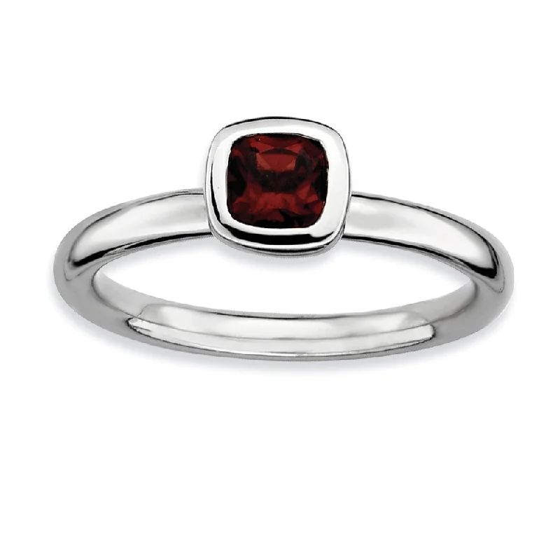 Sterling Silver Stackable Cushion Cut Garnet Solitaire Ring