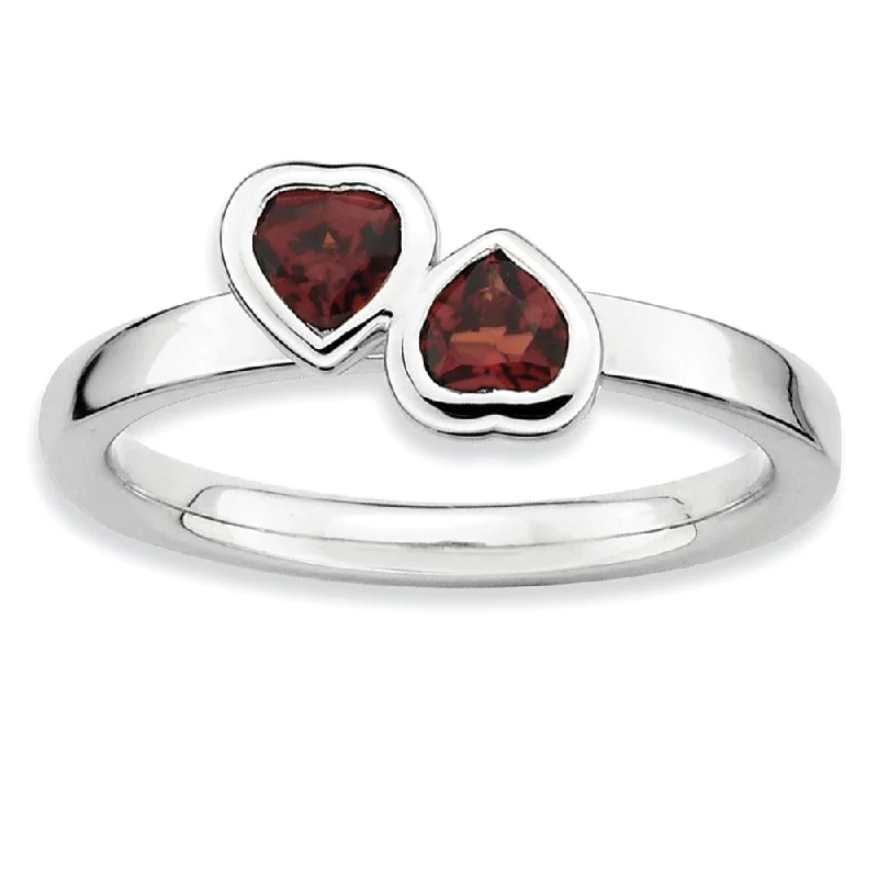 Sterling Silver Stackable Double Heart Garnet Ring