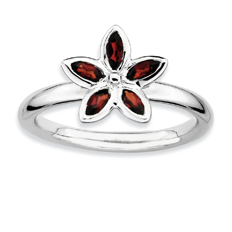 Sterling Silver Stackable Marquise Garnet Flower Ring