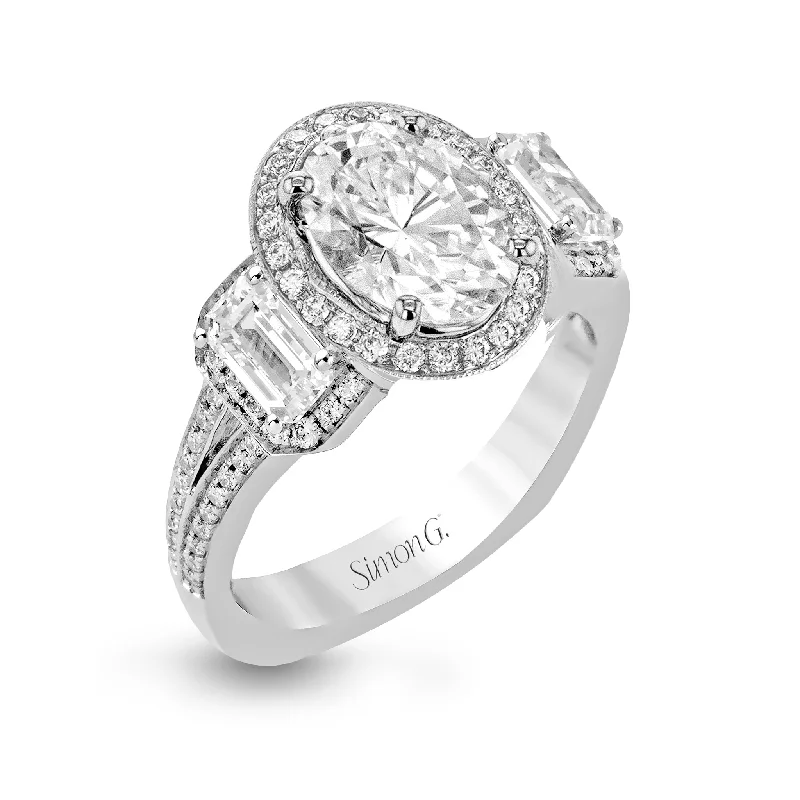 Oval-Cut Three-Stone Halo Engagement Ring In 18k Gold With Diamonds