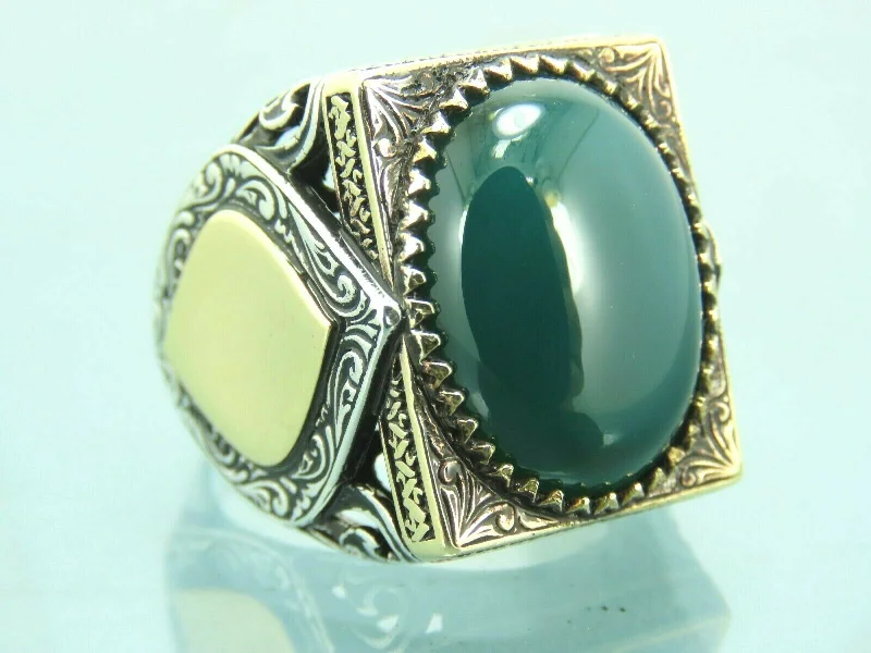 Turkish Handmade Jewelry 925 Sterling Silver Agate Stone Engraved Mens Rings