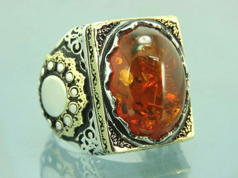 Turkish Handmade Jewelry 925 Sterling Silver Amber Stone Mens Rings