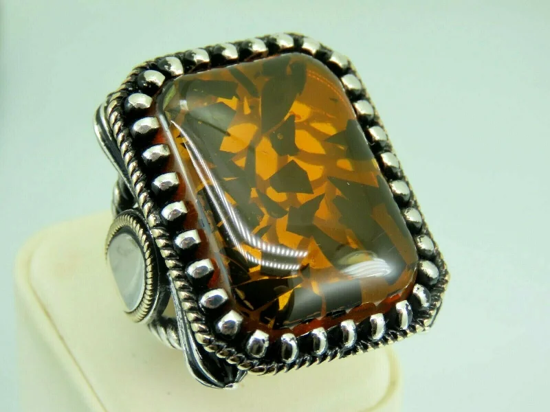 Turkish Handmade Jewelry 925 Sterling Silver Amber Stone Mens Rings