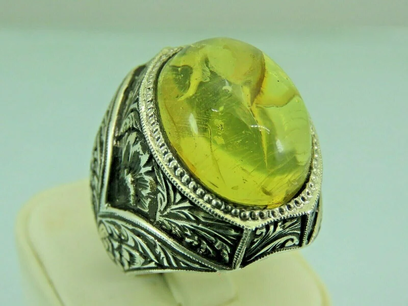 Turkish Handmade Jewelry 925 Sterling Silver Amber Stone Engraved Mens Rings