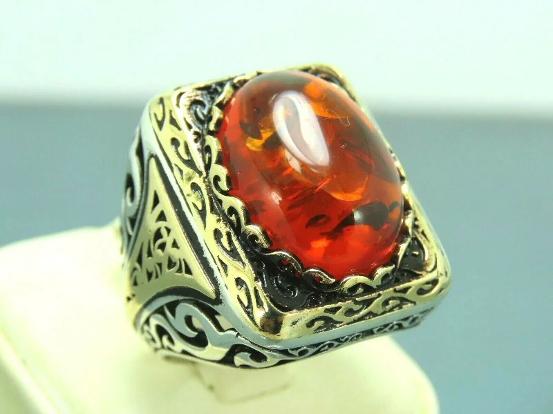 Turkish Handmade Jewelry 925 Sterling Silver Amber Stone Mens Rings