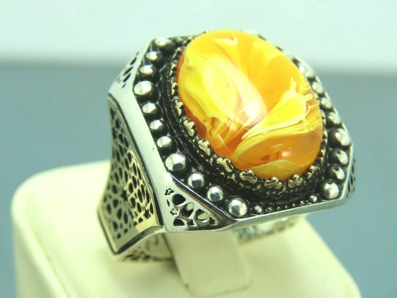 Turkish Handmade Jewelry 925 Sterling Silver Amber Stone Mens Rings