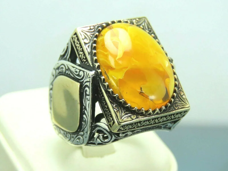 Turkish Handmade Jewelry 925 Sterling Silver Amber Stone Mens Rings