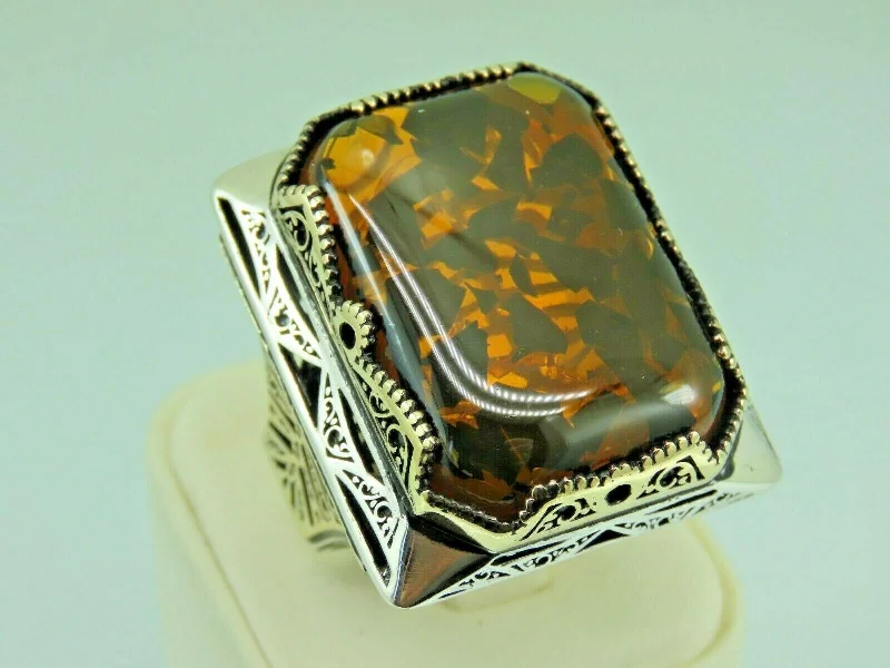 Turkish Handmade Jewelry 925 Sterling Silver Amber Stone Mens Rings