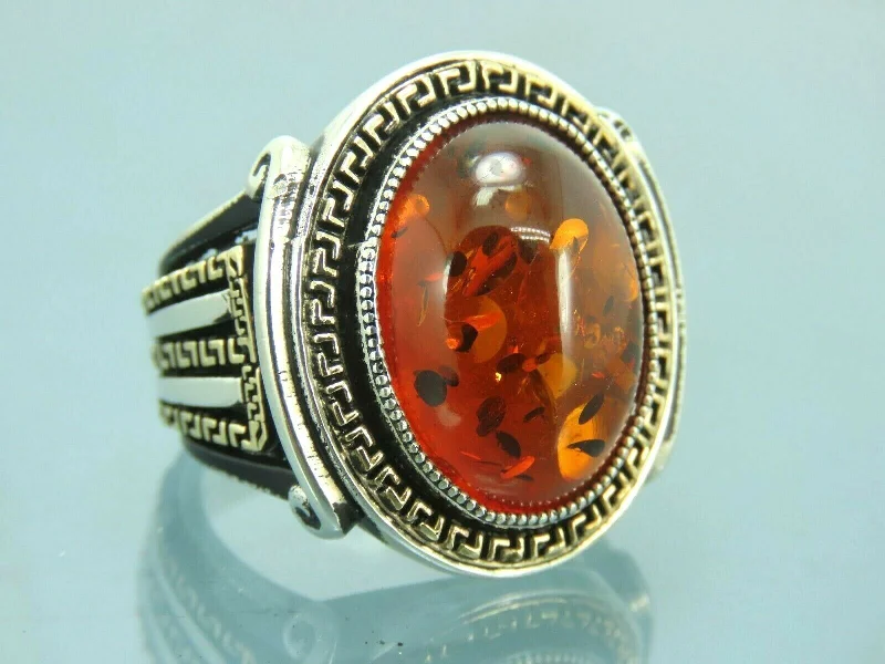 Turkish Handmade Jewelry 925 Sterling Silver Amber Stone Mens Rings