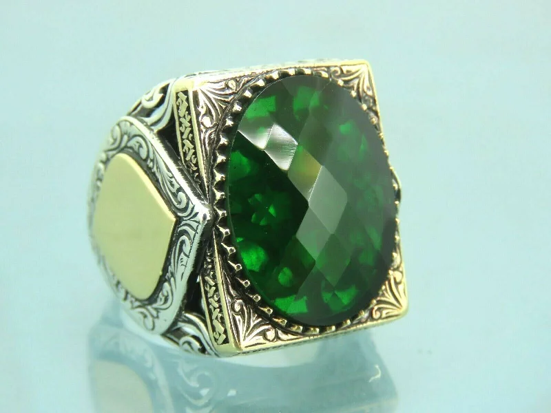 Turkish Handmade Jewelry 925 Sterling Silver Emerald Stone Mens Rings