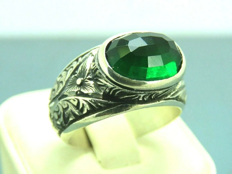 Turkish Handmade Jewelry 925 Sterling Silver Emerald Stone Mens Rings