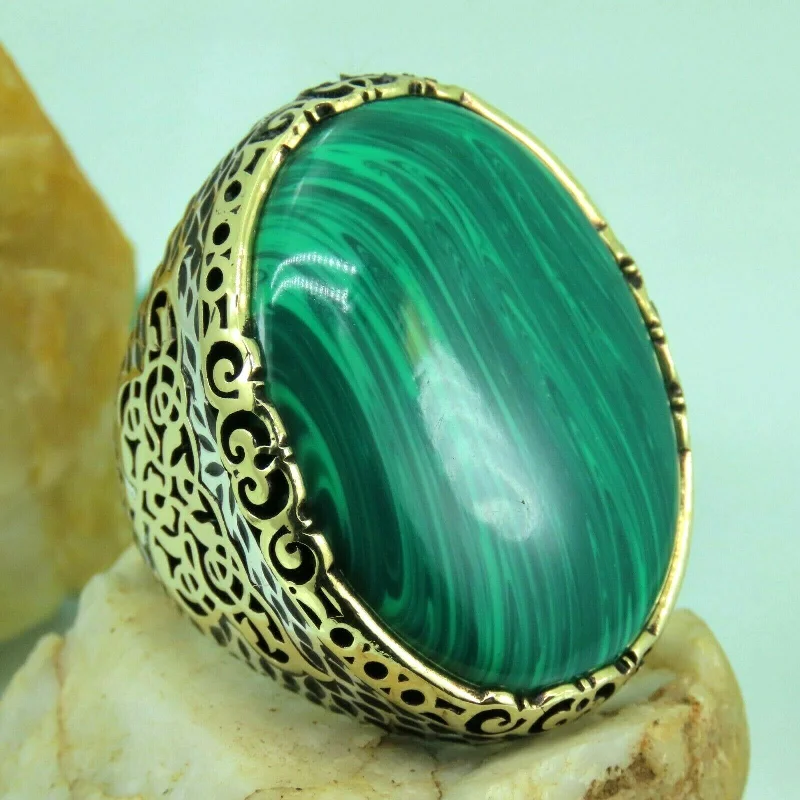 Turkish Handmade Jewelry 925 Sterling Silver Malachite Stone Men's Rings