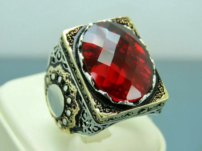 Turkish Handmade Jewelry 925 Sterling Silver Ruby Stone Mens Rings