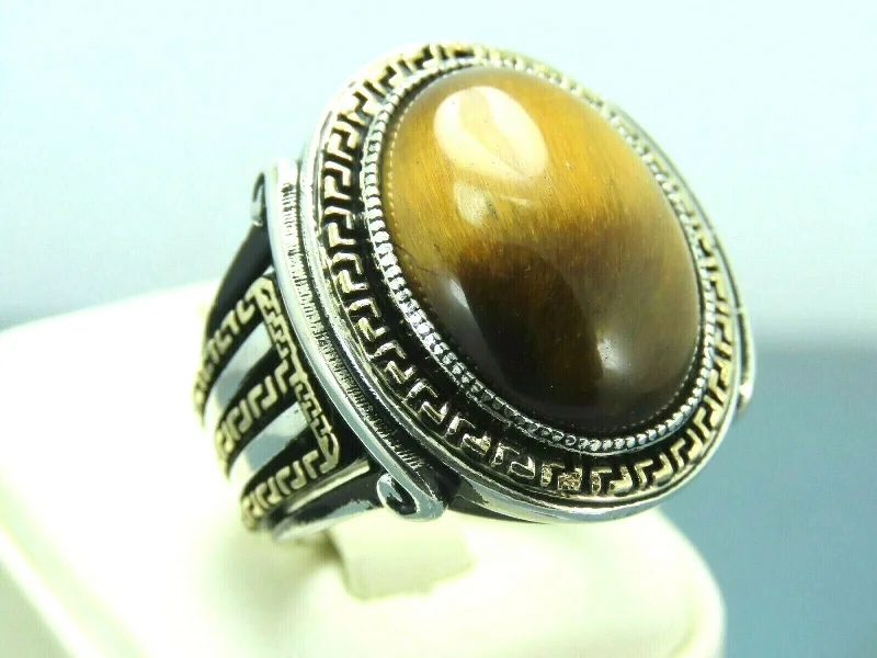 Turkish Handmade Jewelry 925 Sterling Silver Tiger's Eye Stone Mens Rings