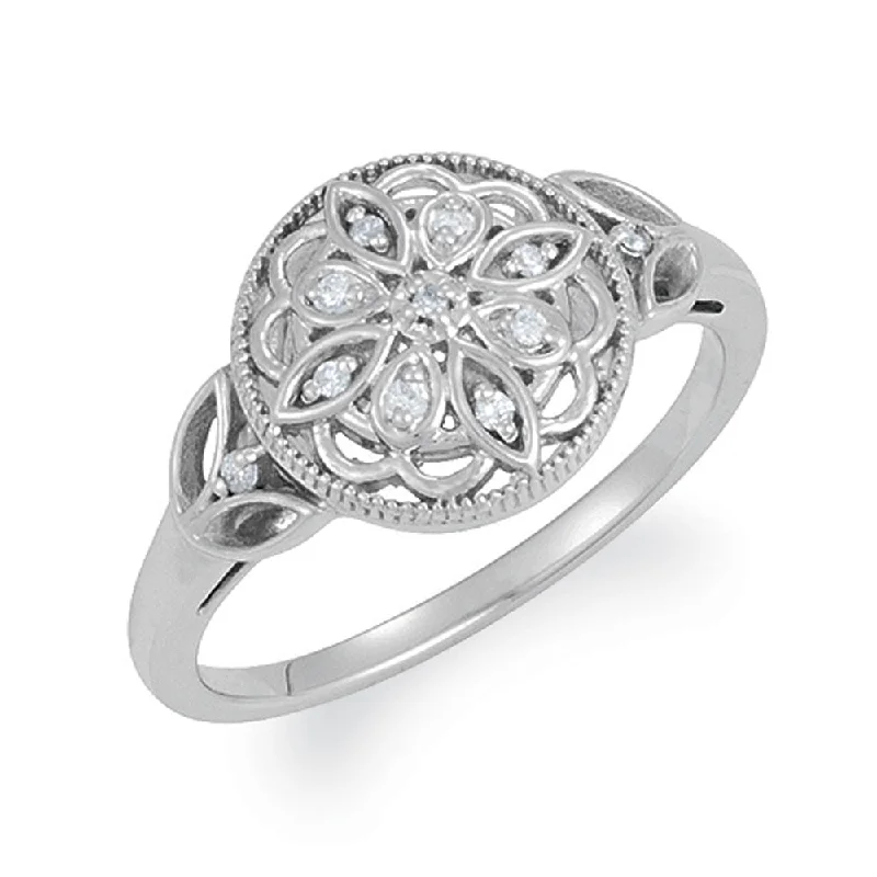 Vintage Style Sterling Silver .06 Ctw H-I, I2 Diamond Flower Ring