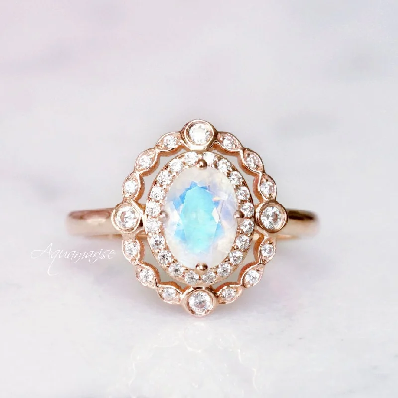 Valentina Rainbow Moonstone Engagement Ring- 10K/14K/18K Solid Rose Gold