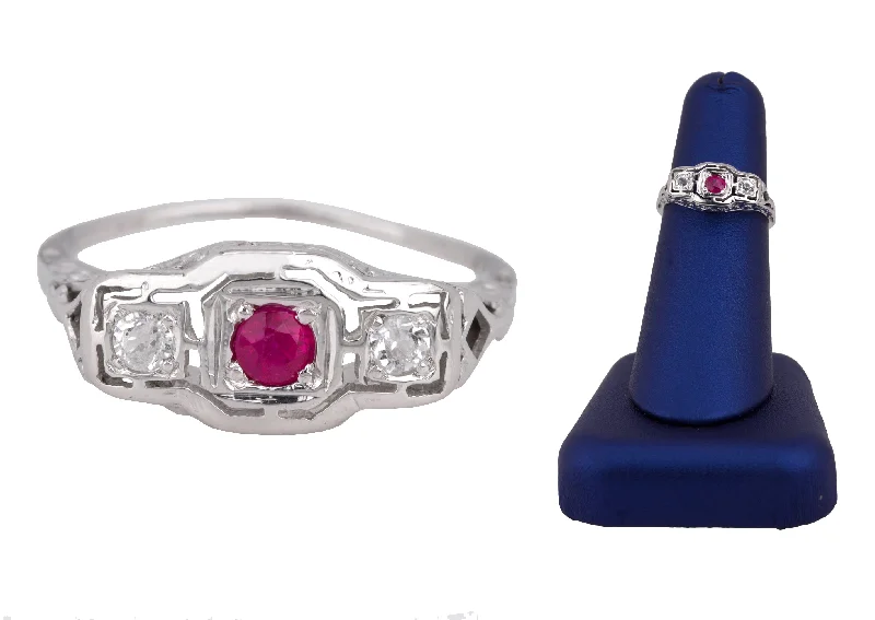 Fine Jewelry, Limited-Time Offers Available 1930's Antique Art Deco 14K White Gold Red Glass Cubic Zirconia Cocktail Ring