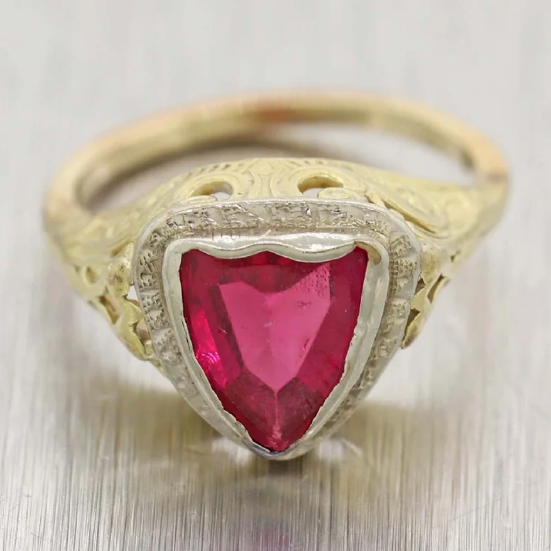 Exclusive Online Jewelry Sale – Don't Wait 1930's Antique Art Deco 14k Yellow Gold Red Glass Shield Ring