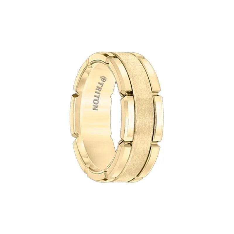 ALAMAR Gold Plated Tungsten Carbide Flat Comfort Fit Band with Brush Center & Bright Rims by Triton Rings - 8mm