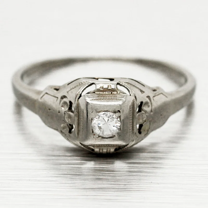 Dazzle In Elegance With Our Biggest Jewelry Sale Antique Art Deco 0.10ct Solitaire Diamond Filigree Ring - 18k White Gold